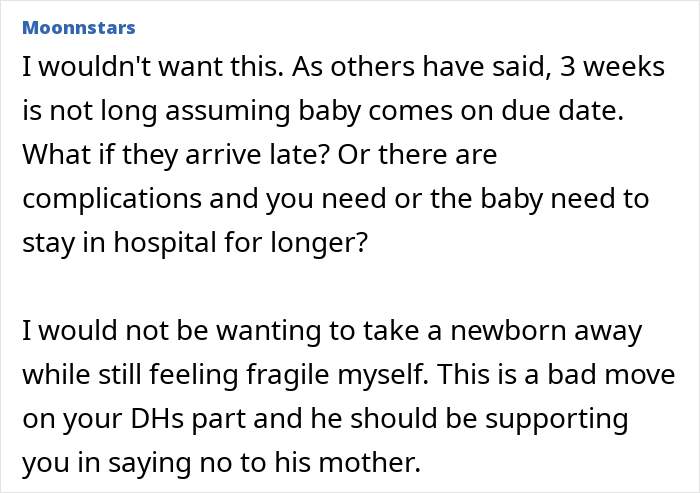 Comment discussing postpartum trip concerns and a husband choosing to go with the 2-year-old child instead.