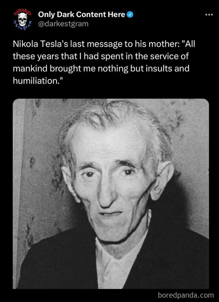 Old black and white photo of Nikola Tesla with a dark Instagram post featuring a creepy story from the darkest page.
