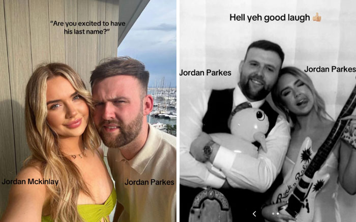 Couple sharing laughs about married surname trend with playful photos showing reactions to last name change.