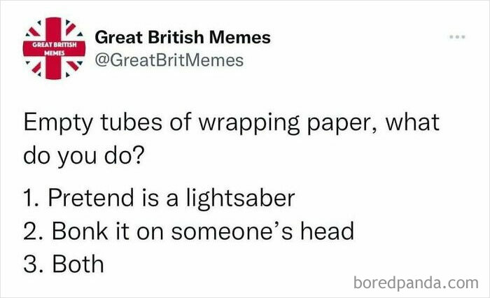 British meme tweet from Great British Memes about empty wrapping paper tubes used as lightsabers or for bonking heads.