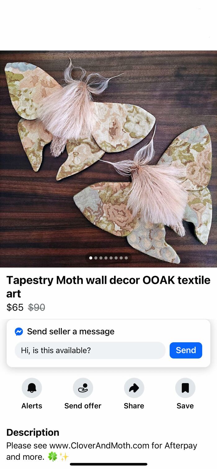 Handmade tapestry moth wall decor with floral textile and faux fur, example of craft shaming DIY projects needing attention.