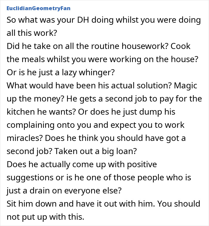 Woman putting heart into DIY kitchen makeover while husband watches, criticizes, and does not help with the renovation.