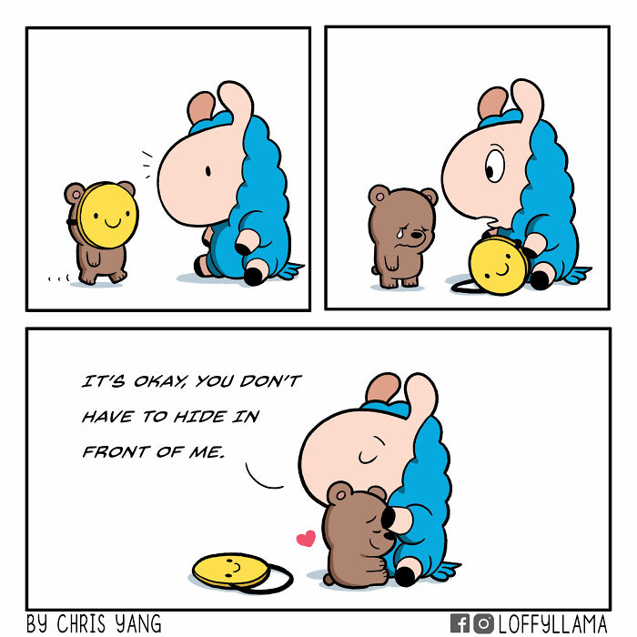 A wholesome comic showing a comforting character hugging a crying bear, highlighting the sweetest wholesome comics theme.
