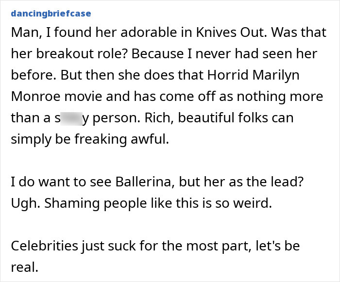 Screenshot of a comment criticizing Ana de Armas and discussing controversy over mocking Nicole Kidman’s looks. Screenshot of a comment criticizing Ana de Armas and discussing controversy over mocking Nicole Kidman’s looks.