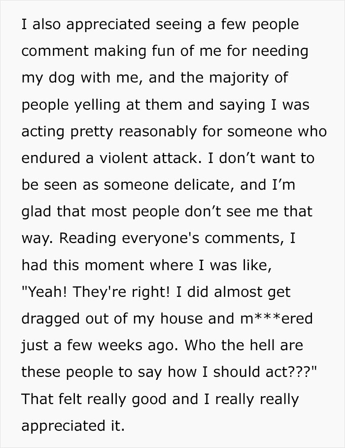 Text excerpt describing a woman's experience after a violent dog attack during a home invasion, reflecting on others' reactions. Text excerpt describing a woman's experience after a violent dog attack during a home invasion, reflecting on others' reactions.