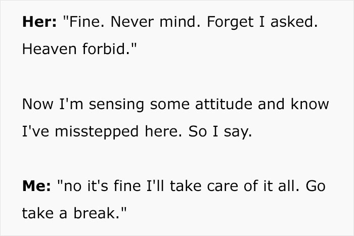 Text message exchange showing a wife sensing attitude after husband says she couldn&rsquo;t do it without him.