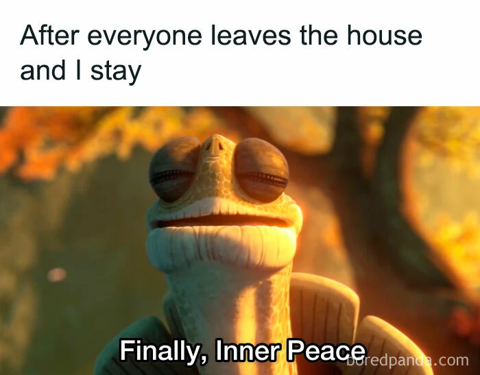Animated character with eyes closed and relaxed expression, captioned with relatable friendship meme about inner peace at home.