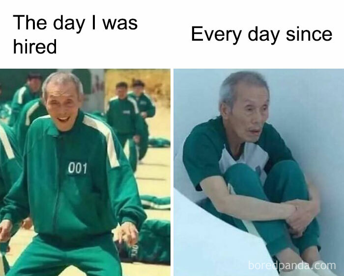 Man in green tracksuit looking excited the day he was hired, then sitting withdrawn every day since, introvert memes concept.