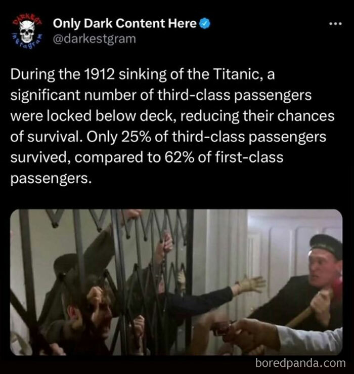 Darkest page on Instagram post about third-class passengers locked below deck during Titanic sinking with a scene from the movie.