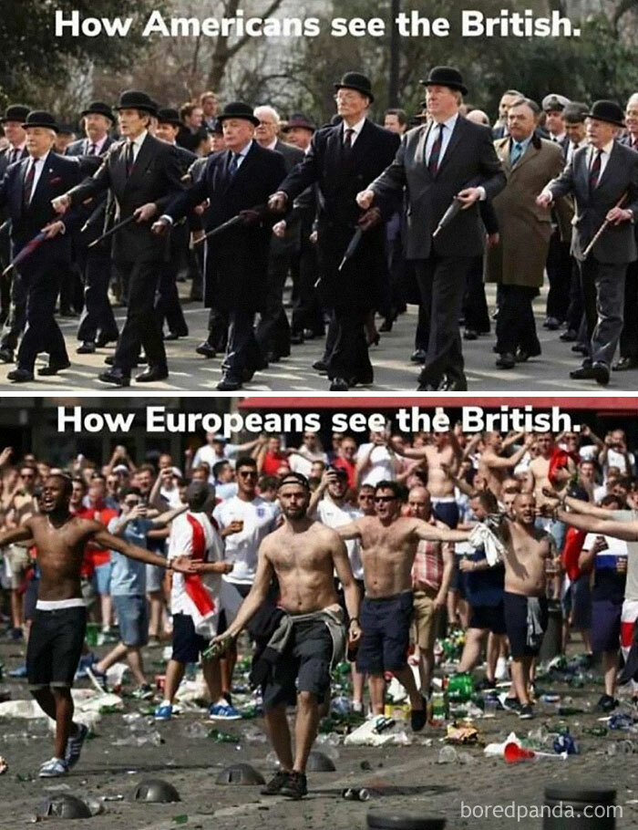 Comparison of British memes showing contrasting American and European perceptions of British people in chaotic meme style.