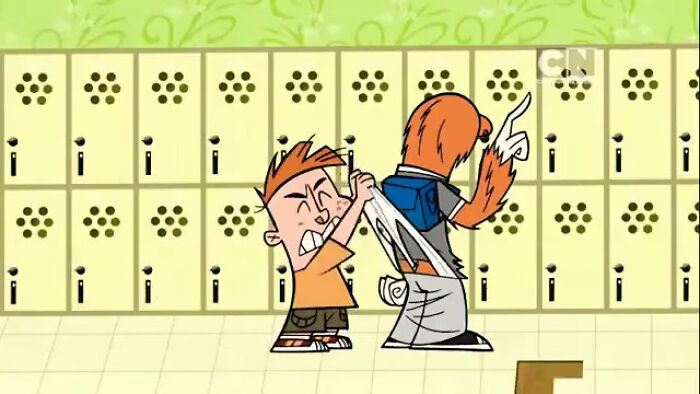 Two animated kids in front of school lockers, one pulling the other's shirt in a classic childhood memories scene.