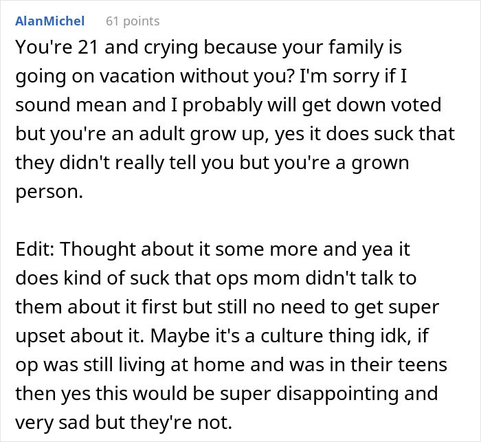 "I Cried So Much I Had Cramps": Woman Freaks Over Family Vacation, People Tell Her To Grow Up