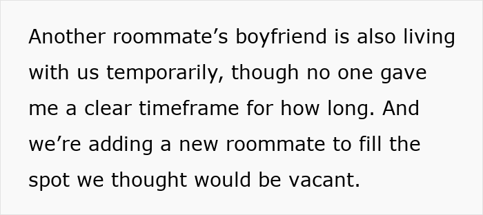 Text excerpt from a nonbinary person explaining roommate and boyfriend living arrangements and bathroom use boundaries. Text excerpt from a nonbinary person explaining roommate and boyfriend living arrangements and bathroom use boundaries.