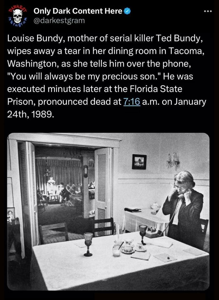 Louise Bundy wiping a tear while on phone in dining room, linked to darkest page on Instagram creepy stories.