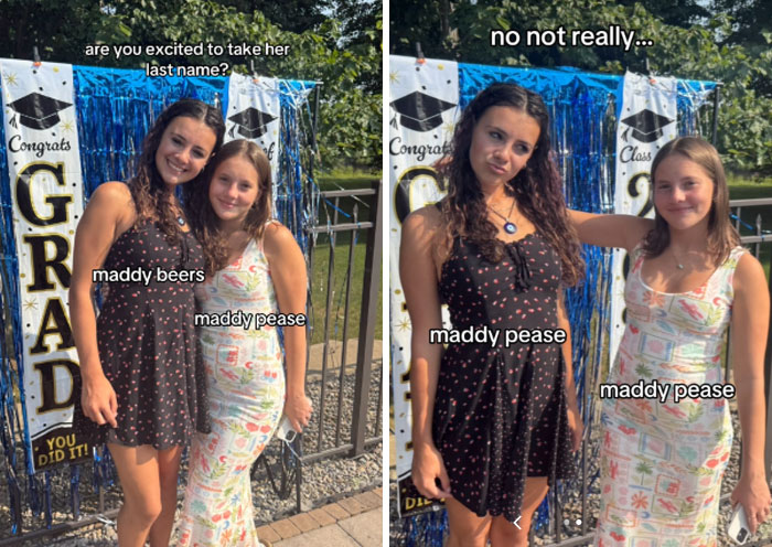 Two young women at a graduation celebration humorously discuss the married surname trend with playful expressions.