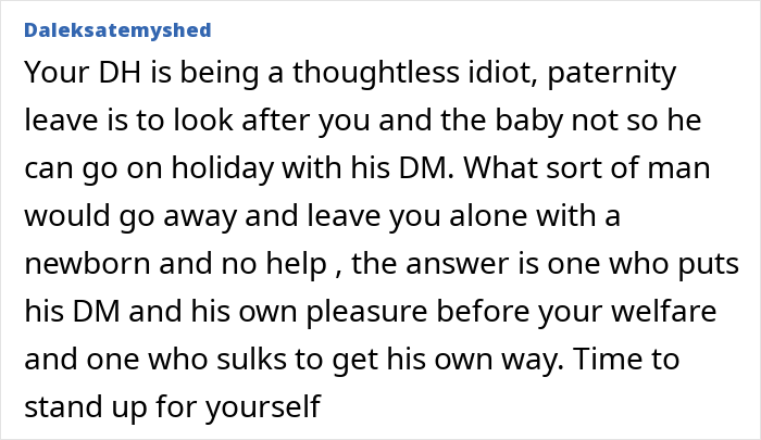 Comment criticizing a husband leaving his pregnant wife postpartum to go on holiday with his daughter.