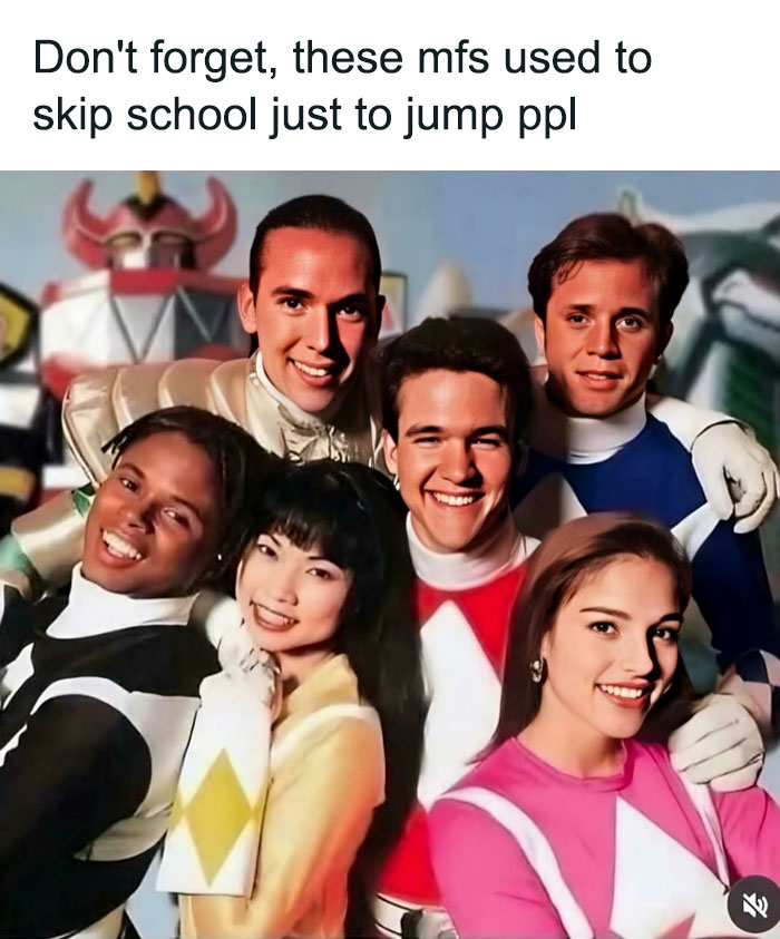 Group photo of 90s Power Rangers characters, evoking nostalgic posts about the simpler, stranger days of the 90s.