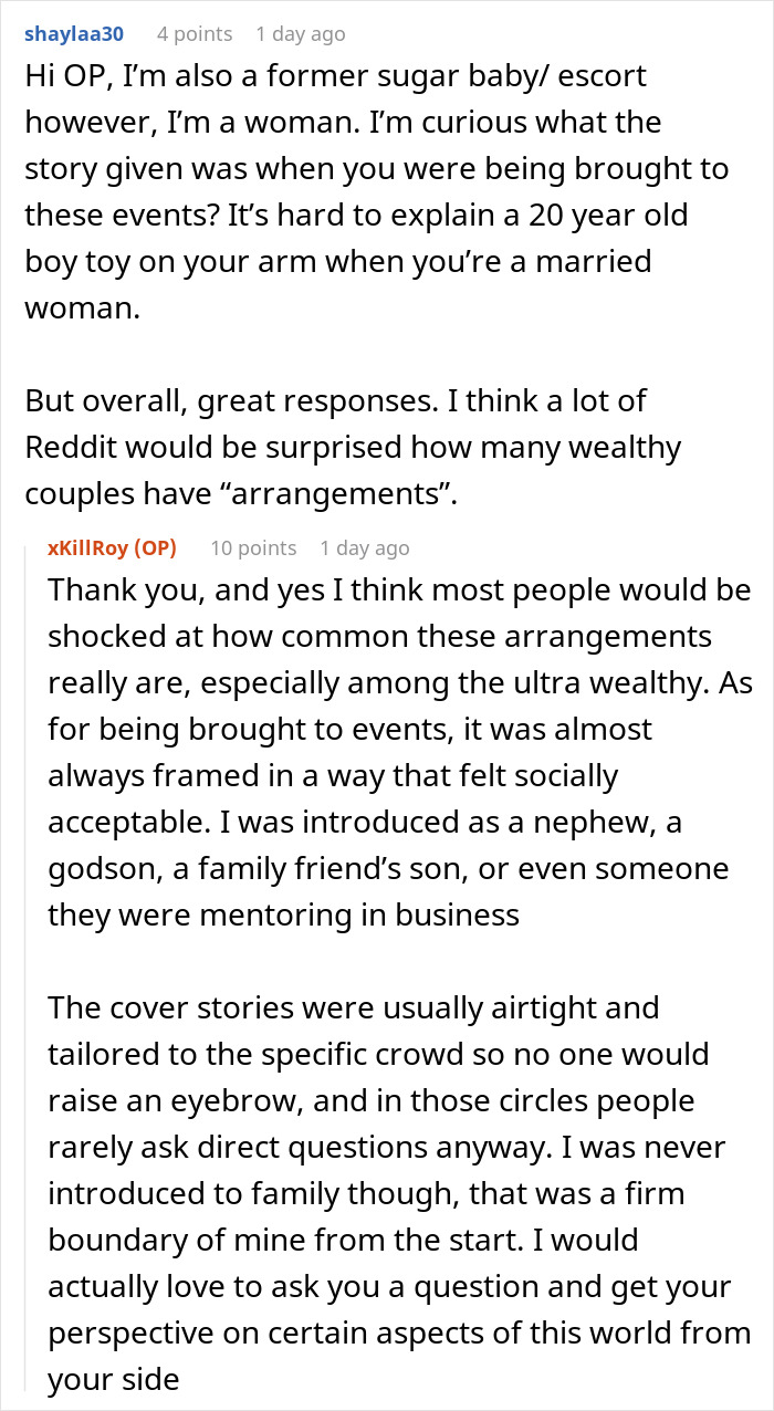 Reddit conversation discussing experiences as a paid companion with wealthy married women and social event cover stories.
