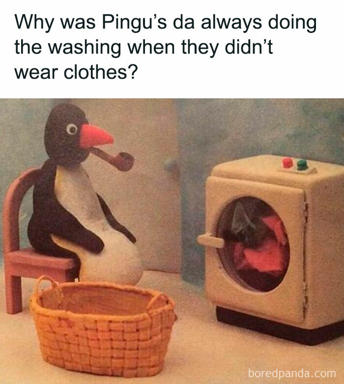 Tweet meme about Pingu’s dad doing the washing next to a toy washing machine, featuring chaotic British memes.