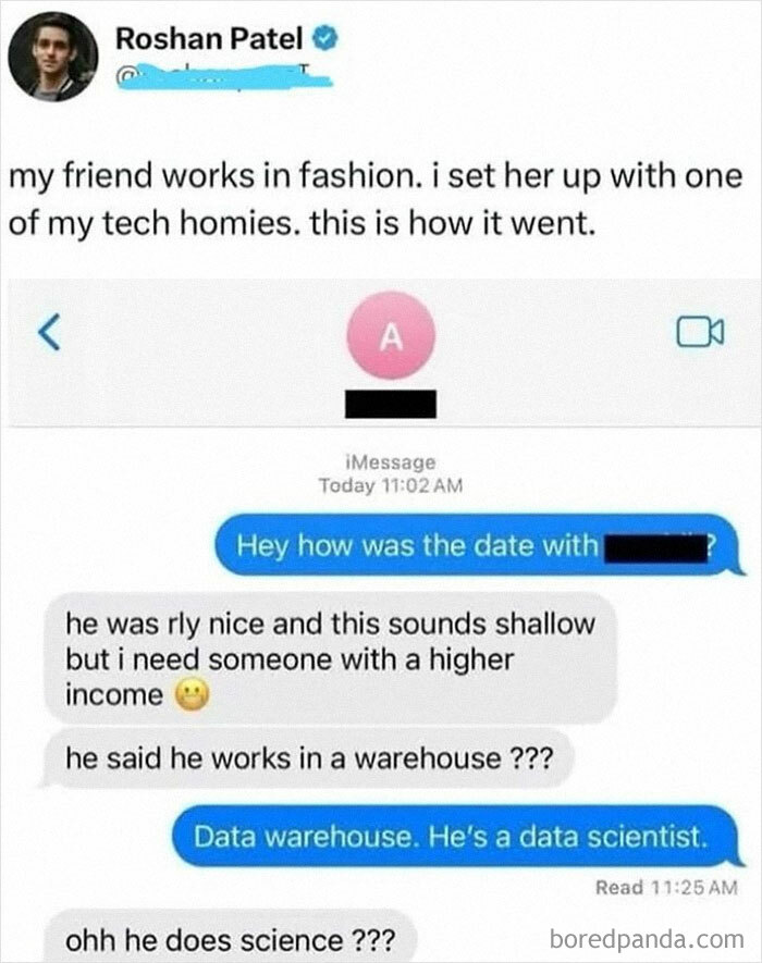 Text message exchange showing a funny misunderstanding about a date's job, highlighting chaos and laughter in random memes.