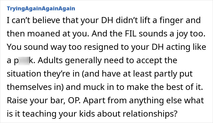 Comment text about husband not helping with DIY kitchen makeover, sharing frustrations and relationship advice.