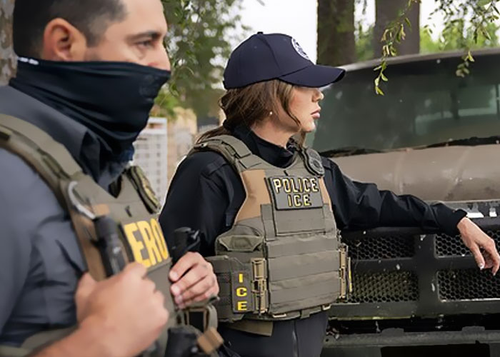 Two law enforcement officers in tactical gear with police ICE patches standing near a vehicle outdoors.