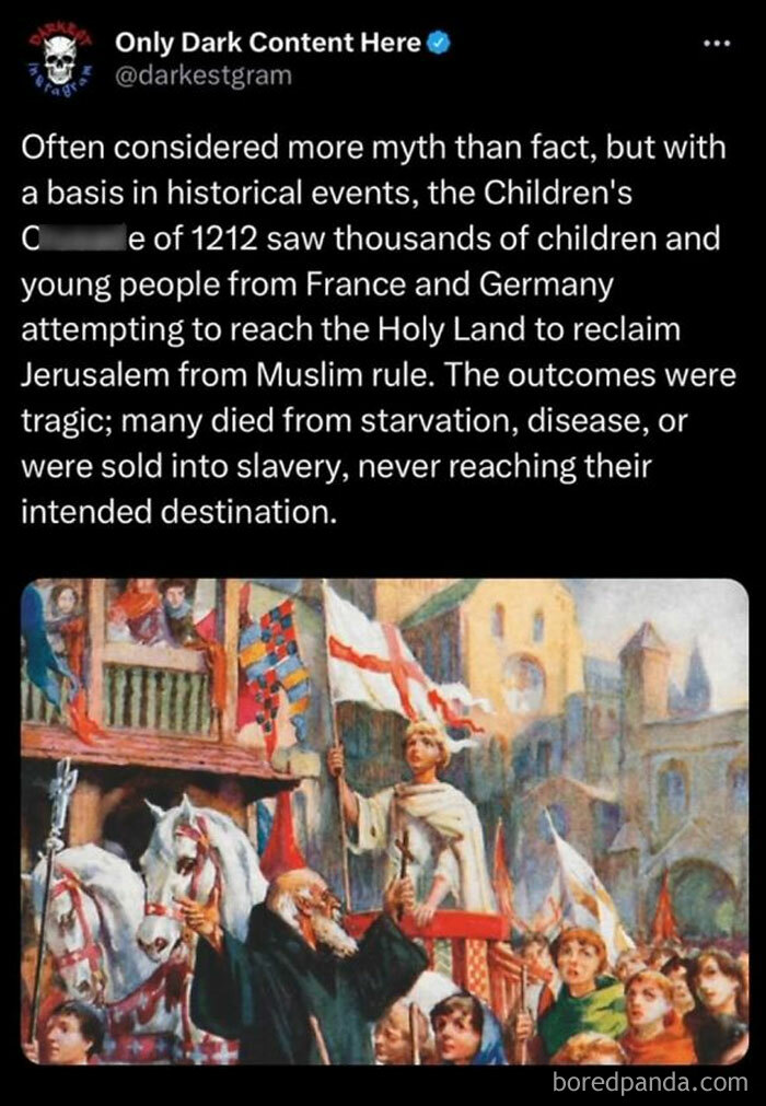 Instagram post about the dark history of the Children's C*****e featuring a medieval painting and tragic outcomes.