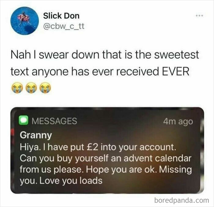 Screenshot of a British meme showing a sweet text from Granny with £2 to buy an advent calendar, reflecting chaotic British memes.