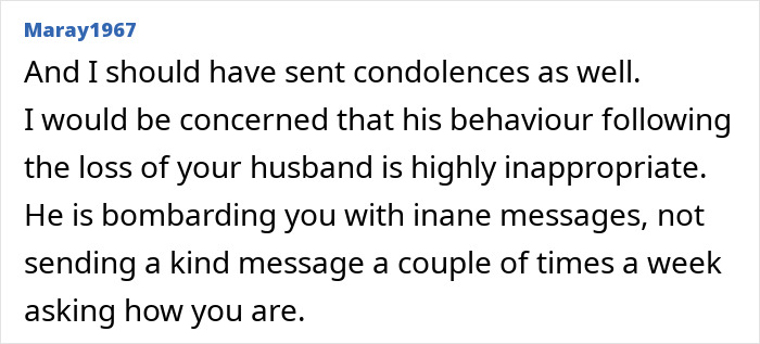 Comment discussing concerns about a friend&rsquo;s inappropriate messaging after a loss, relating to friendship and stopping messages.