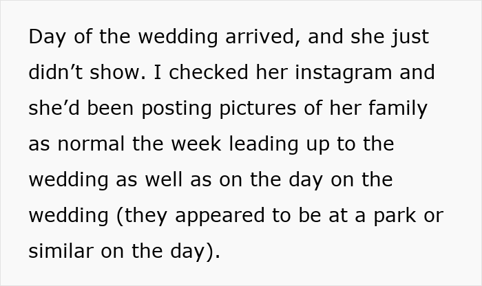 Text excerpt about a woman turning flaky and missing her friend&rsquo;s wedding despite normal social media activity before the event.