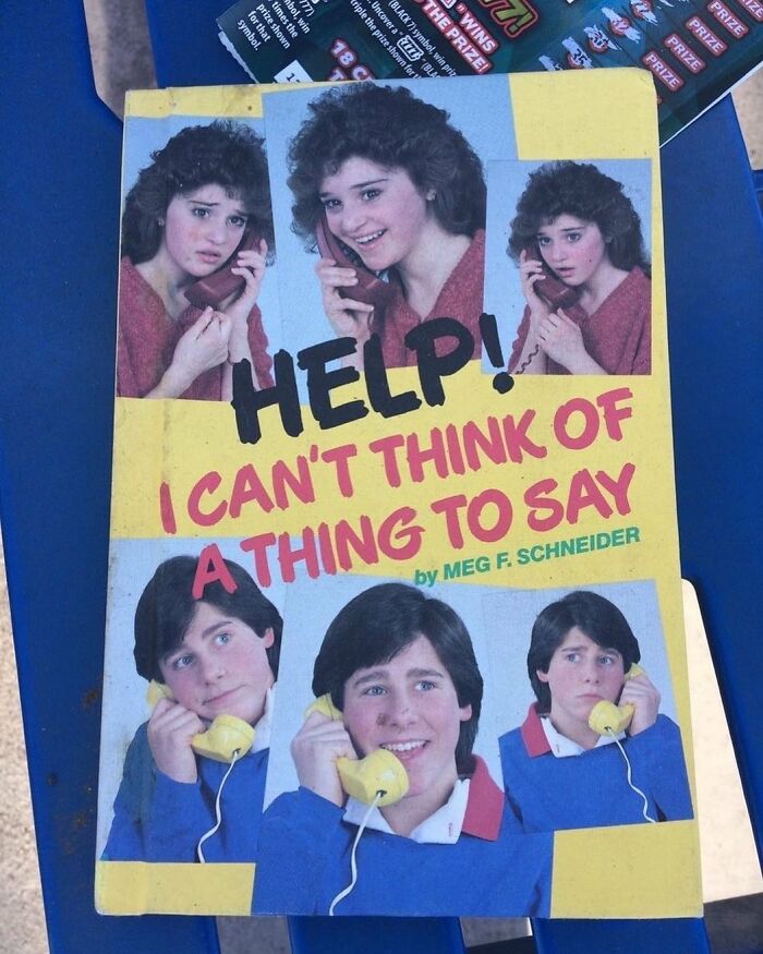 Vintage book titled help I can't think of a thing to say with multiple 80s style portraits, found at a thrift store.