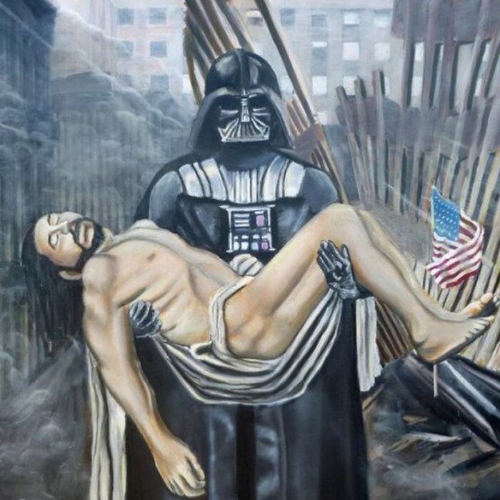 Darth Vader holding a draped man in a surreal scene with wreckage and an American flag, bizarre thrift store find.