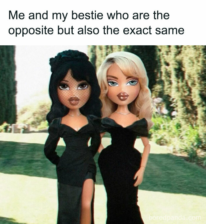 Two dolls in black dresses, captioned about friendship, representing introvert-worthy memes with humor and accuracy.