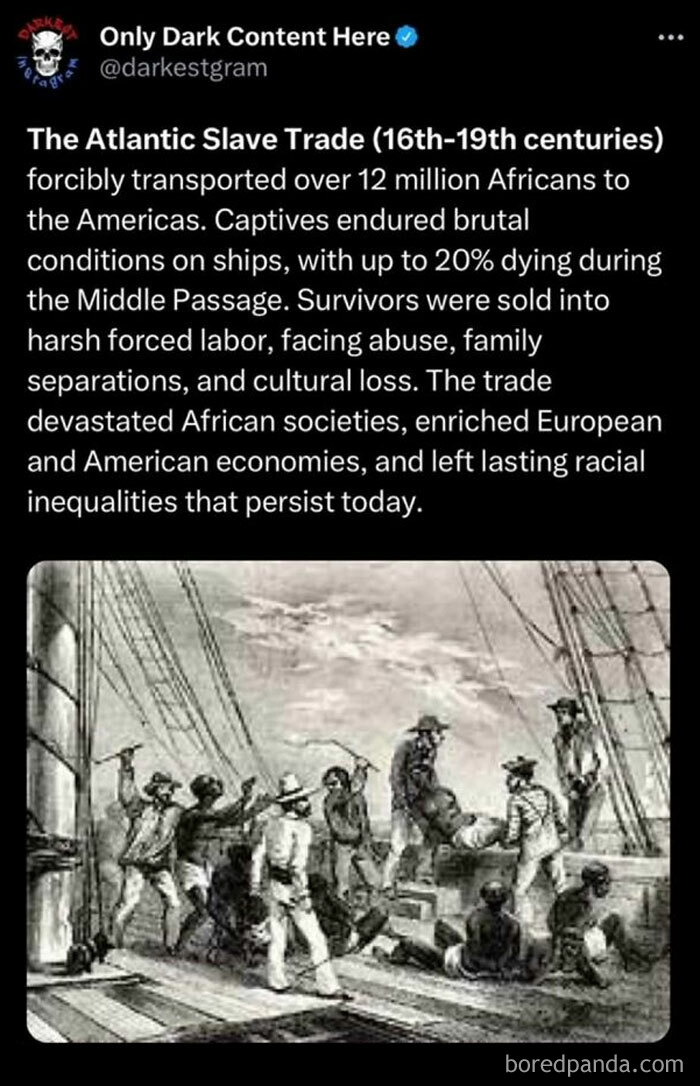 Screenshot from darkestgram on Instagram showing a historical engraving about the Atlantic S***e Trade, part of darkest page on Instagram creepy stories.