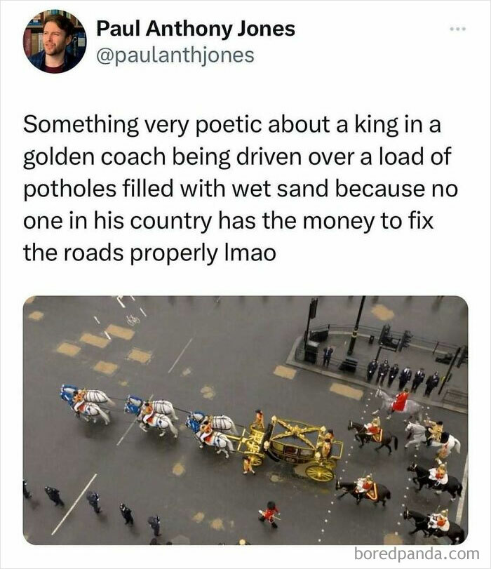 Tweet about a king's golden coach driving over potholes on poorly maintained UK roads, showcasing chaotic British memes.