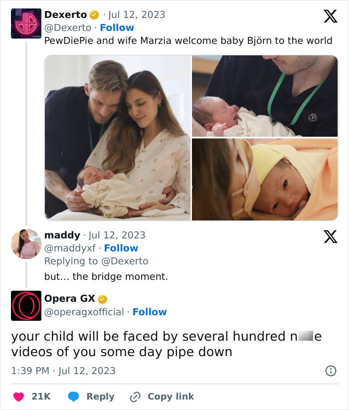 Twitter post showing PewDiePie and Marzia with their newborn baby, part of random memes that bring chaos and laughter.
