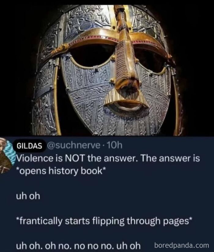Anglo-Saxon metal face mask above a humorous tweet challenging history knowledge with a flipping through history book joke.