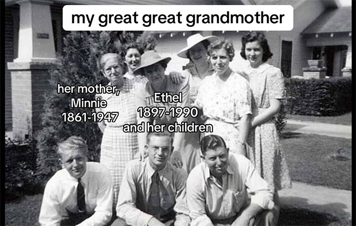 Black and white family photo labeled with names and dates, illustrating genealogy and family historian inspiration.