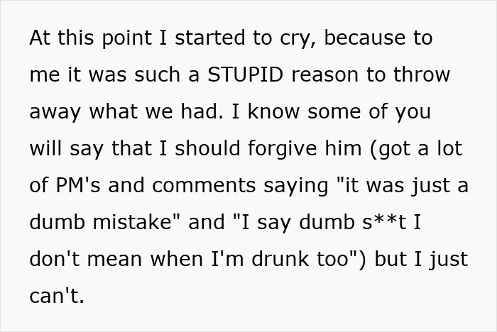 Text excerpt showing a person expressing emotional pain after a partner's dumb excuses and pretending to be single at a party.