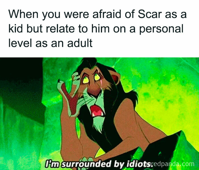 Relatable friendship meme featuring Scar from The Lion King expressing frustration surrounded by idiots as an adult.