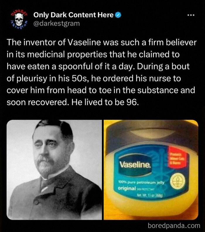 Tweet from Darkest Page On Instagram sharing a creepy story about Vaseline inventor’s unusual healing method.