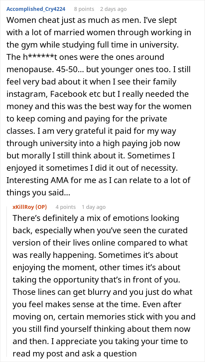 Reddit post discussing experiences with wealthy married women and reflections as a paid companion answering internet questions.