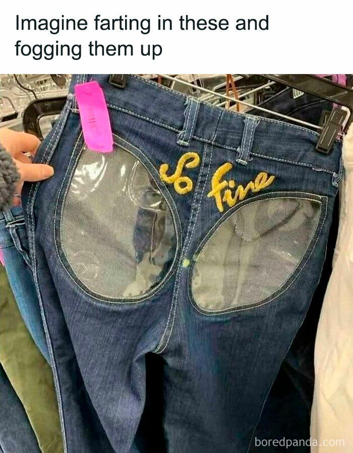 Jeans with transparent mesh back pockets and So Fine embroidery, a humorous chaotic meme from random memes collection.