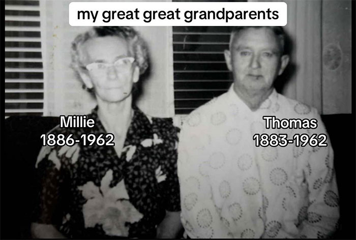 Black and white photo of great great grandparents labeled Millie 1886-1962 and Thomas 1883-1962 family historian sharing family tree online.