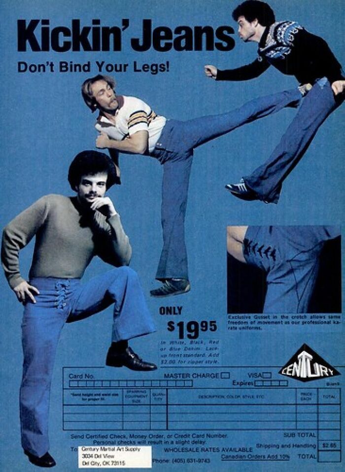 Vintage ad showing men wearing kickin jeans with a focus on historical photos and their interesting backstories.
