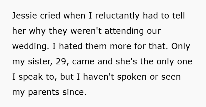 Text showing a man explaining why he cut off his parents after they skipped his wedding to defend his wife, feeling confused about reconnecting.