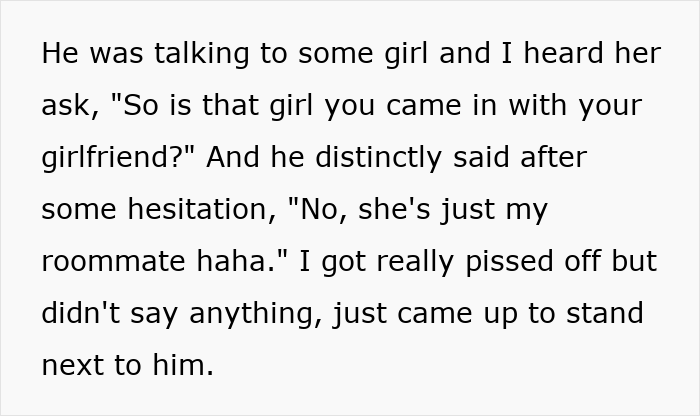 Alt text: Man pretending to be single at a party makes dumb excuses when his girlfriend confronts him about talking to another girl.