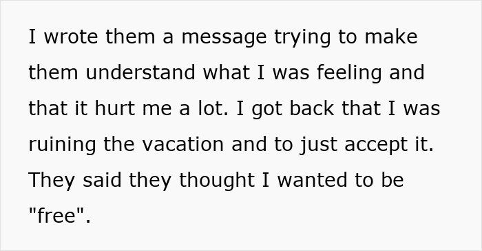 Text message about emotional pain ruining family vacation, woman freaks out and people tell her to grow up.