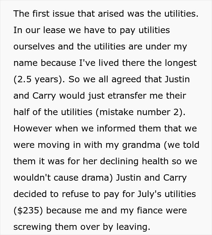 Text excerpt discussing roommates refusing to pay utilities, linked to disputes and illegal activities involving AC.