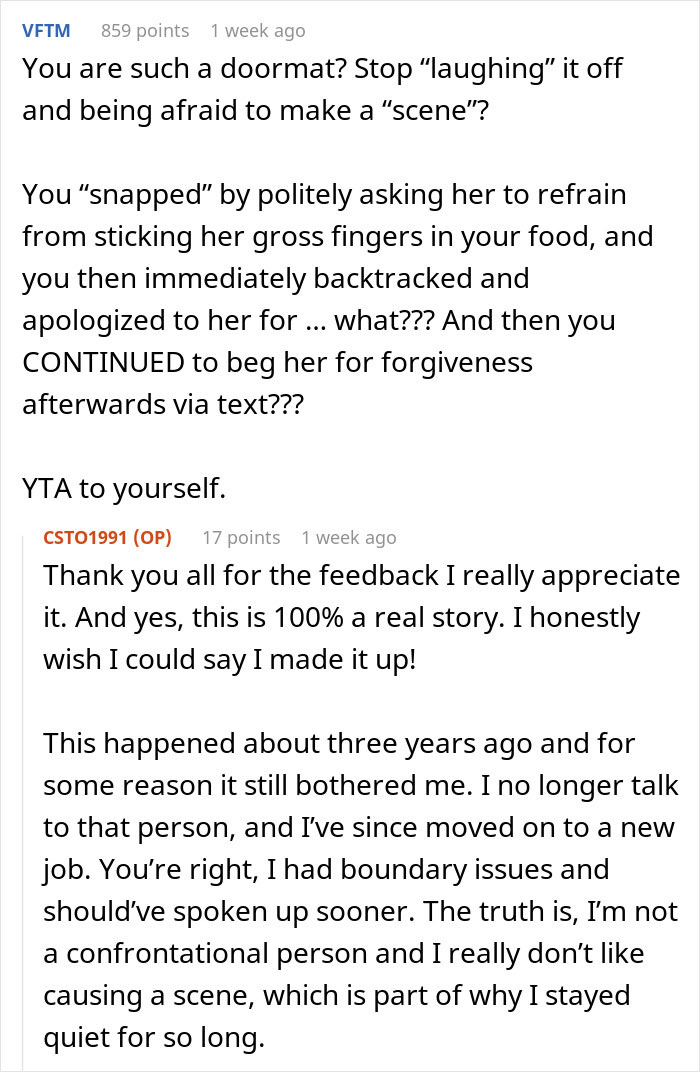 Reddit thread discussing a woman frustrated with her coworker helping herself to her food on her birthday.